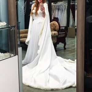 Long satin cape with faux fur trim and long train for wedding, white & ivory